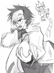 Tomoro from Digimon Beatbreak and Gekkomon in the corner