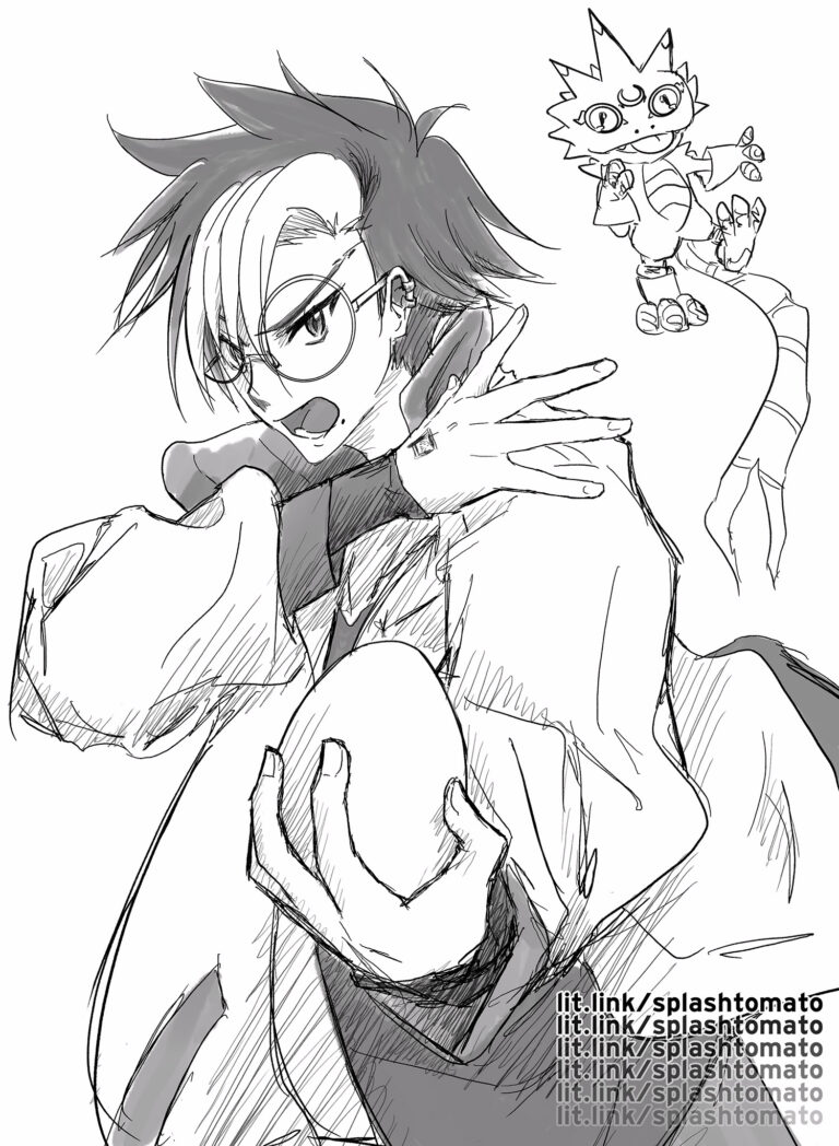 Tomoro from Digimon Beatbreak and Gekkomon in the corner